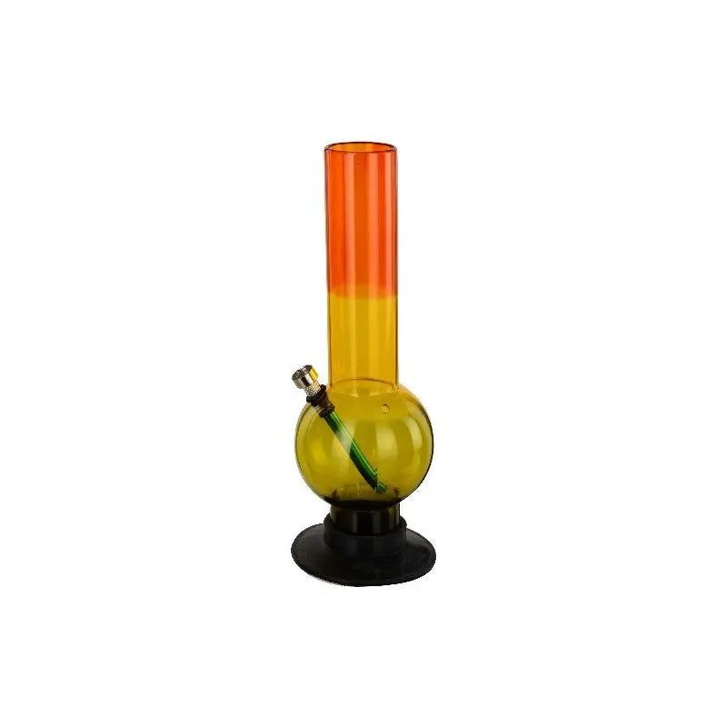 A 30cm tall acrylic bong with a rasta color design, featuring orange at the top, yellow in the middle, and green at the bottom, with a black base.