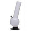 A 12 inch tall white large bulb acrylic water bong with a round base and a smaller base connected to it, set against a plain background.