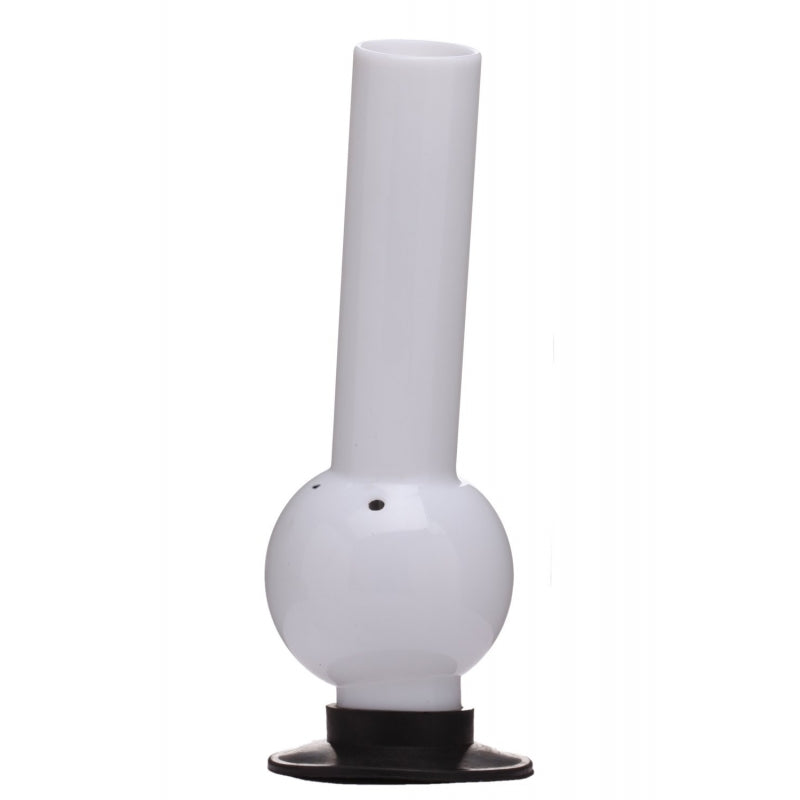 A 12 inch tall white large bulb acrylic water bong with a round base and a narrow top.