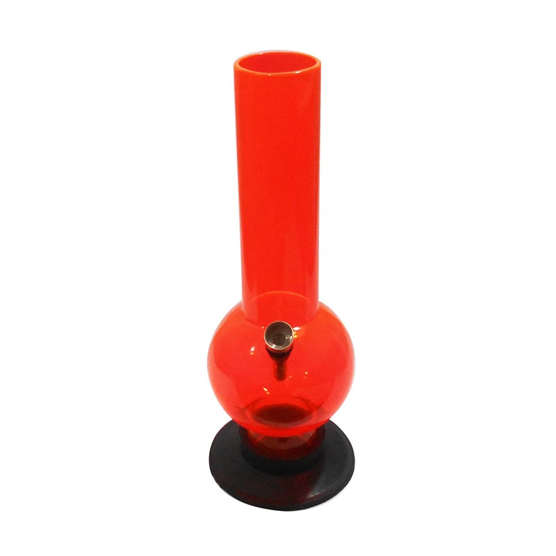 A 12 inch tall large bulb acrylic water pipe bong in transparent red color with a solid base.