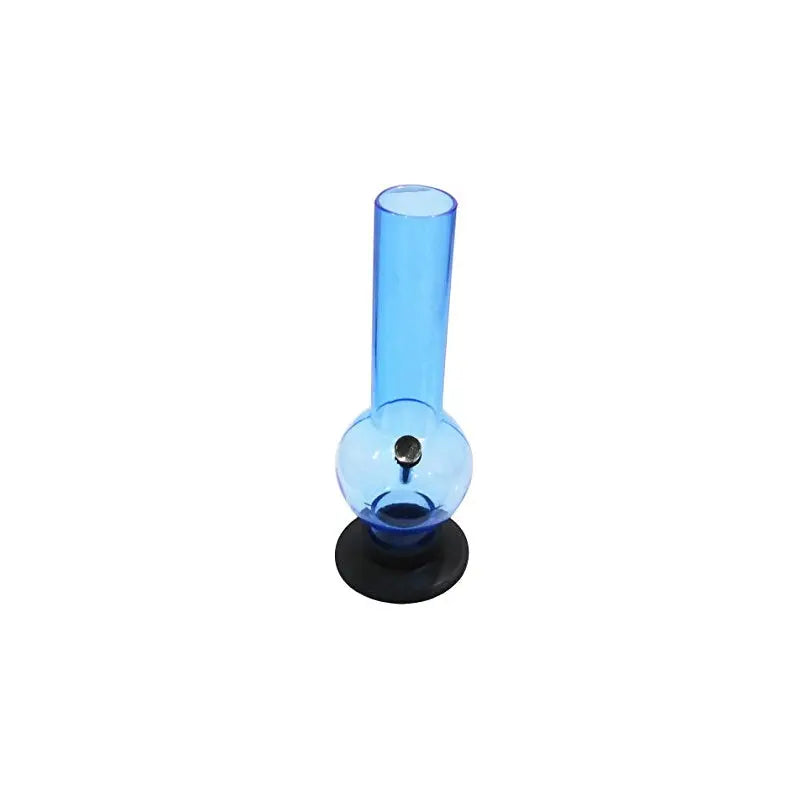 A blue acrylic water pipe bong with a large bulbous base and a narrow neck, standing upright on a black base.