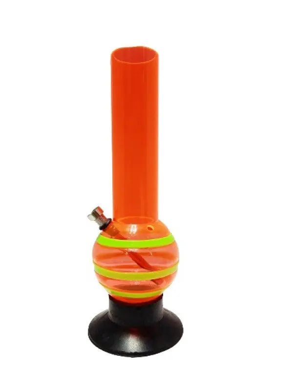 A transparent orange acrylic water bong with a single bulb design and a black base.