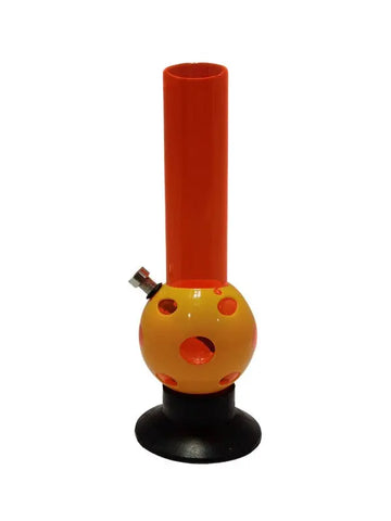 A transparent red acrylic water bong with a single bulb design on the base, standing upright.
