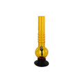 A 12 inch single bulb transparent yellow acrylic smoking water pipe bong with a black base and a single bulbous feature, branded by Moksha.