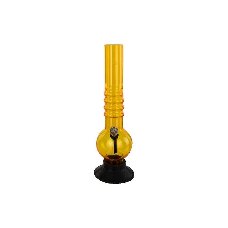 A 12 inch single bulb transparent yellow acrylic smoking water pipe bong with a black base and a single bulbous feature, branded by Moksha.