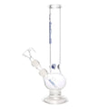 This image features a striking 12-inch tall single bulb glass water pipe, known as the moksha blue boost pro print water bong. The water bong, displayed against a plain background, showcases its clear glass construction embellished with blue accents and text along its length.
