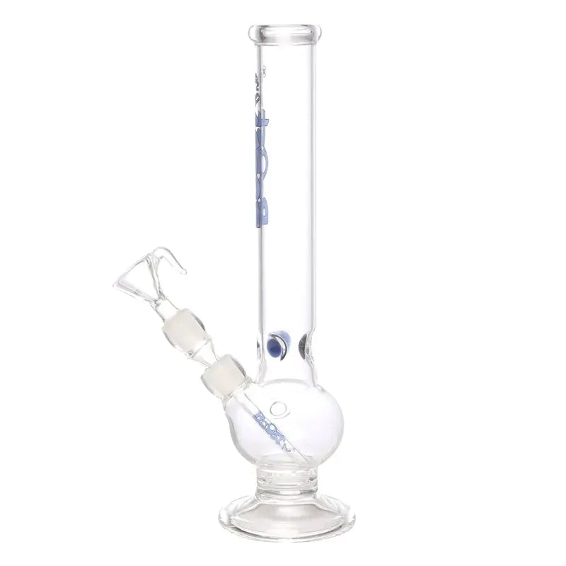 This image features a striking 12-inch tall single bulb glass water pipe, known as the moksha blue boost pro print water bong. The water bong, displayed against a plain background, showcases its clear glass construction embellished with blue accents and text along its length.