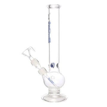 This image features a striking 12-inch tall single bulb glass water pipe, known as the moksha blue boost pro print water bong. The water bong, displayed against a plain background, showcases its clear glass construction embellished with blue accents and text along its length.