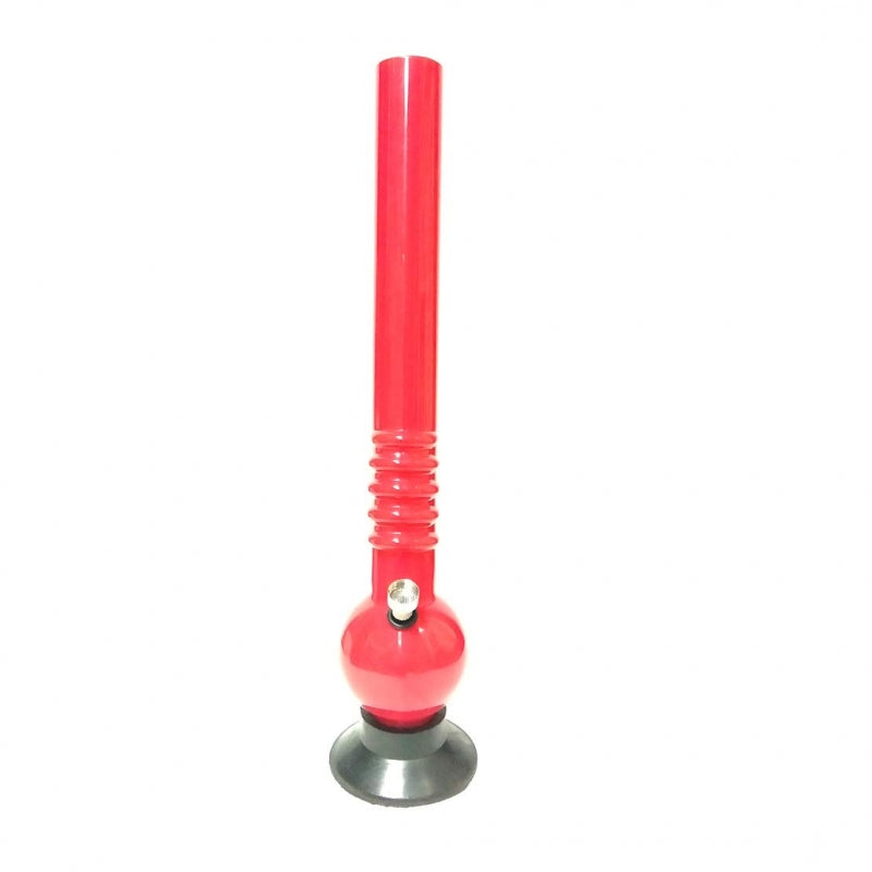 A red 16 inch single bulb acrylic smoking waterpipe bong with a grip and a round base.