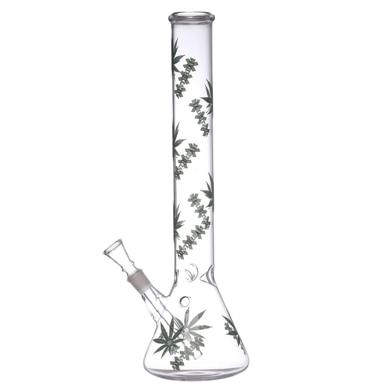 Glass bong with cannabis leaf design on a white background