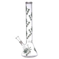 Glass bong with cannabis leaf design on a white background