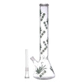 Glass smoking device with cannabis leaf design on a white background