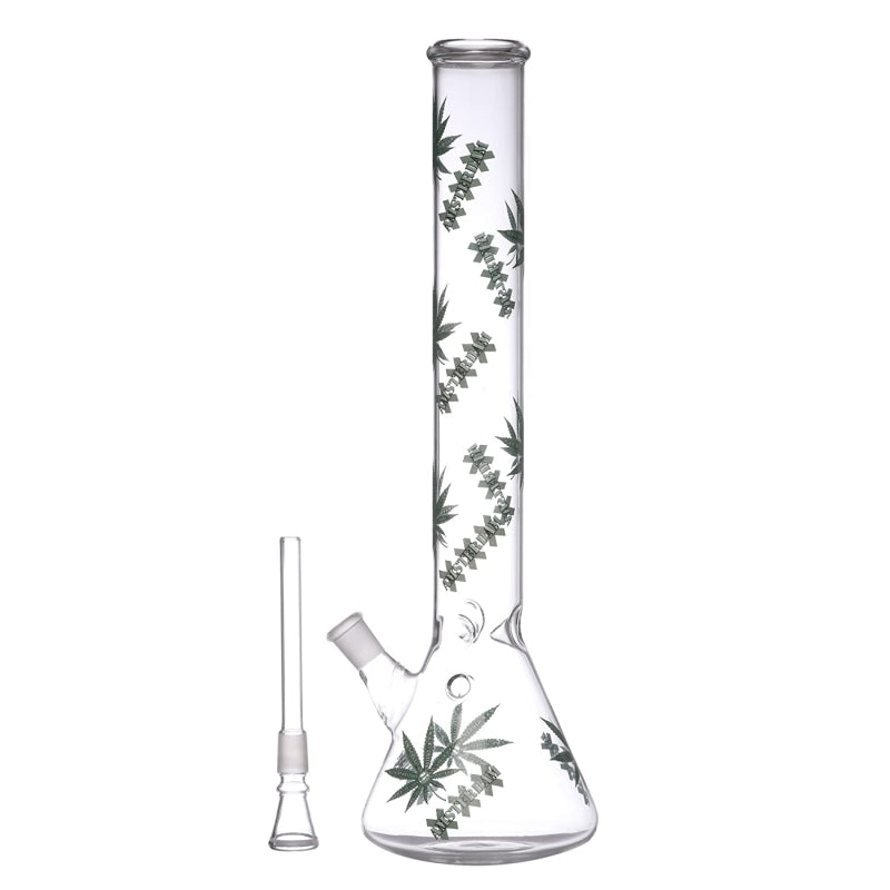Glass smoking device with cannabis leaf design on a white background