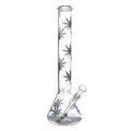 Glass water pipe with cannabis leaf design on a white background