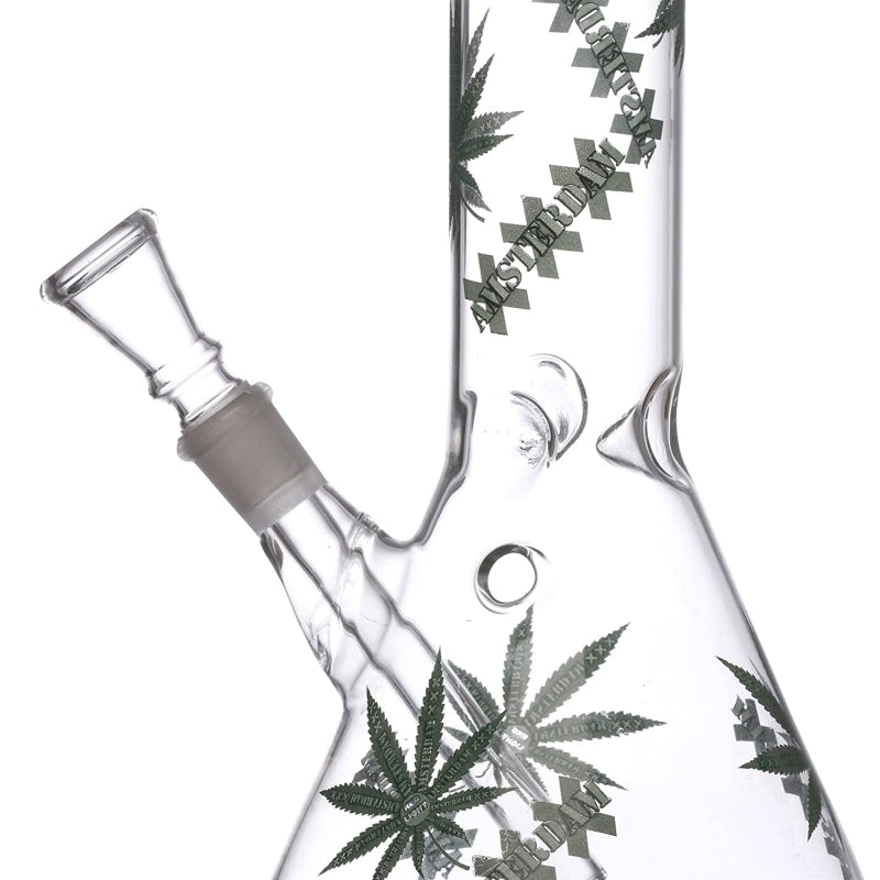 Glass water pipe with cannabis leaf design on a white background