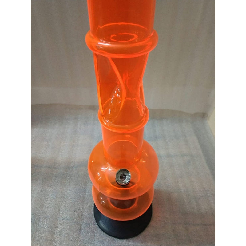 A 22 inch tall transparent orange acrylic waterpipe ice bong with a base and fittings visible.