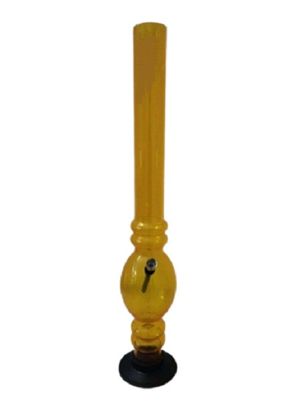 A transparent yellow acrylic waterpipe bong with a bowl for herbs, featuring a round base and a narrow neck, against a white background.