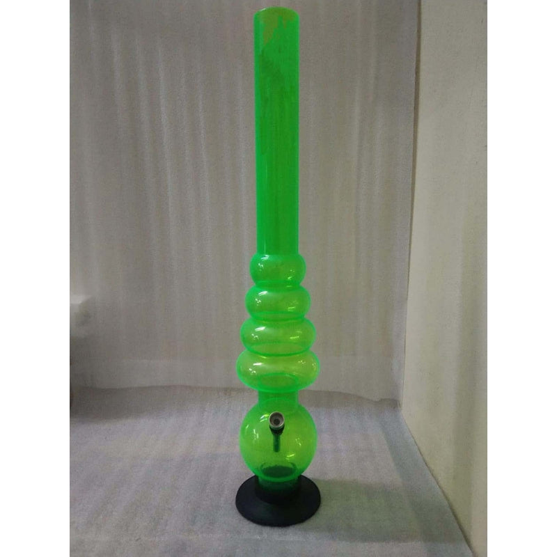 A tall transparent green acrylic waterpipe bong with multiple bulbous sections and a solid black base.