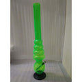 A tall, transparent green acrylic waterpipe bong with multiple bulbous sections and a solid black base.