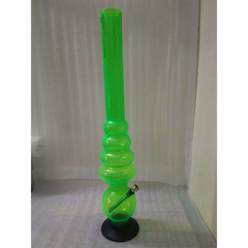 A tall, transparent green acrylic waterpipe bong with multiple bulbous sections and a solid black base.