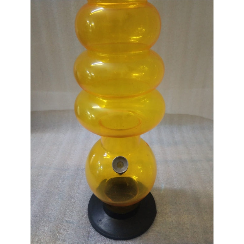 A transparent yellow acrylic bong with multiple bulbs and a black base.