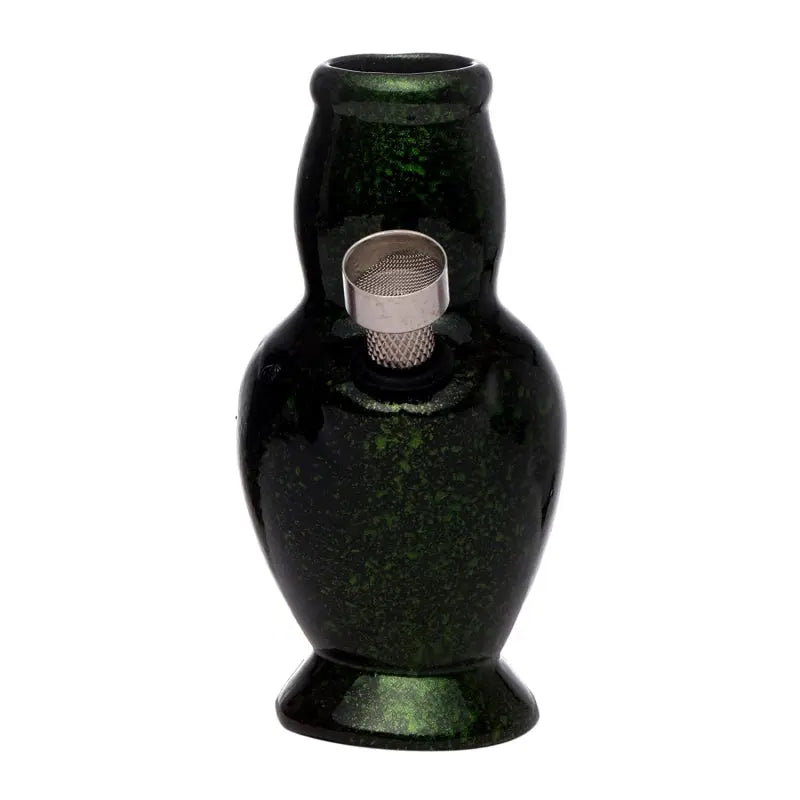 A 4 inch tall green ceramic water bong with a metal hookah attachment.