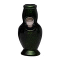 A 4 inch tall green ceramic water bong with a metal hookah attachment.