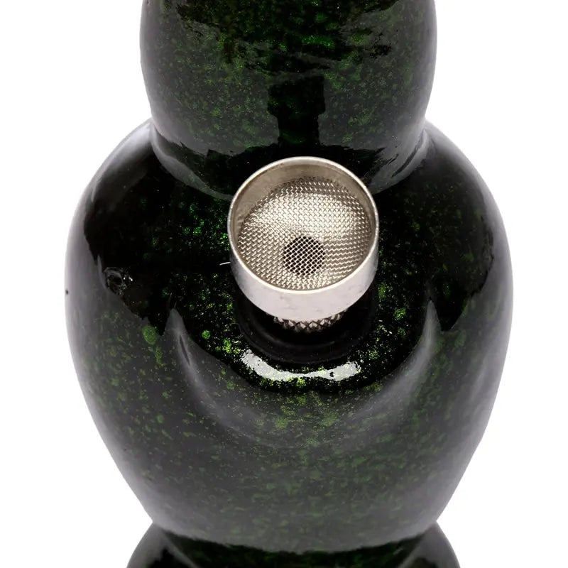 A 4 inch tall green ceramic water bong with a metal hookah attachment.
