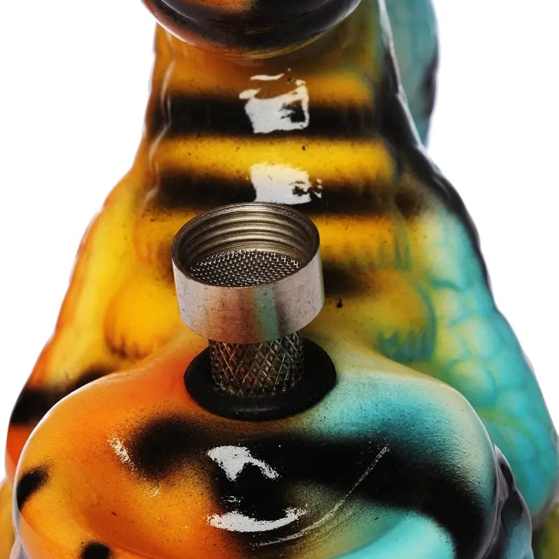 A multicolored ceramic water bong shaped like a kangaroo with a hookah attachment.