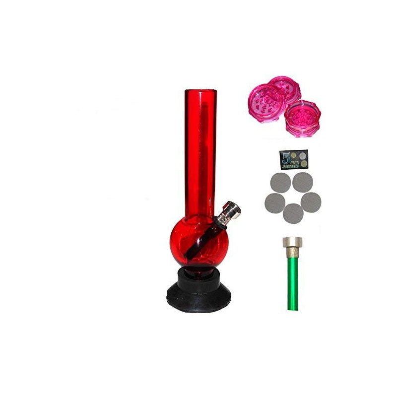 The image shows a red 8-inch acrylic bong with a black base, accompanied by a green herb grinder, two pink screens, and a metal shooter.