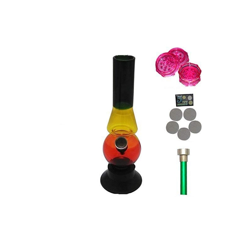 FLAP9 8 Inch Rasta Acrylic Bong Combo with Shooter, SS Screens & 2" Herb Grinder Moksha Bongs