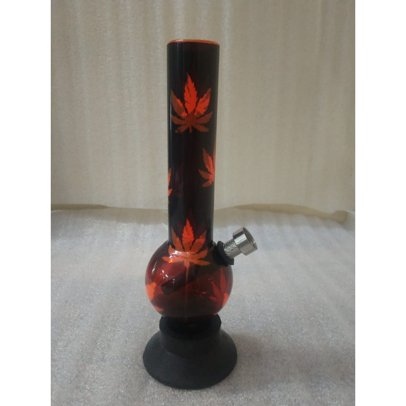 Moksha 8" Transparent Orange Acrylic Mini Smoking Bong with Leaf Print (3cm Pipe Diameter)
