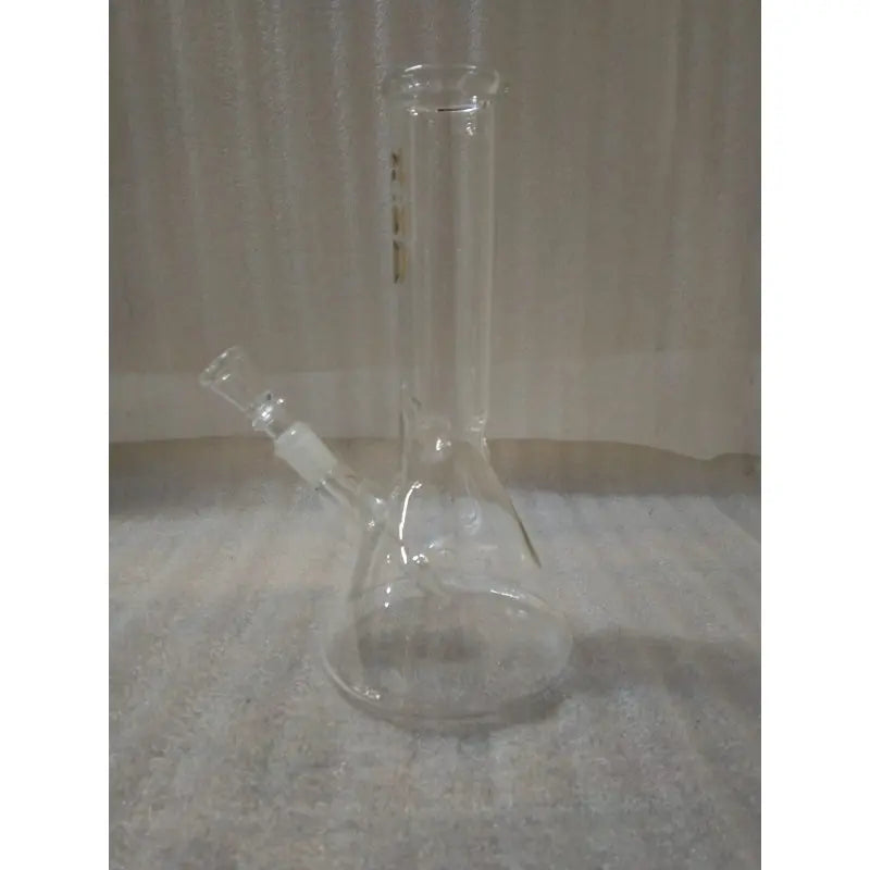 A 9 inch clear glass ice bong with a mushroom print and 420 gold text, featuring a bent neck and a circular base.