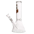 A 9 inch clear glass ice bong with mushroom print and a bulbous base, featuring a glass mouthpiece and a water chamber.