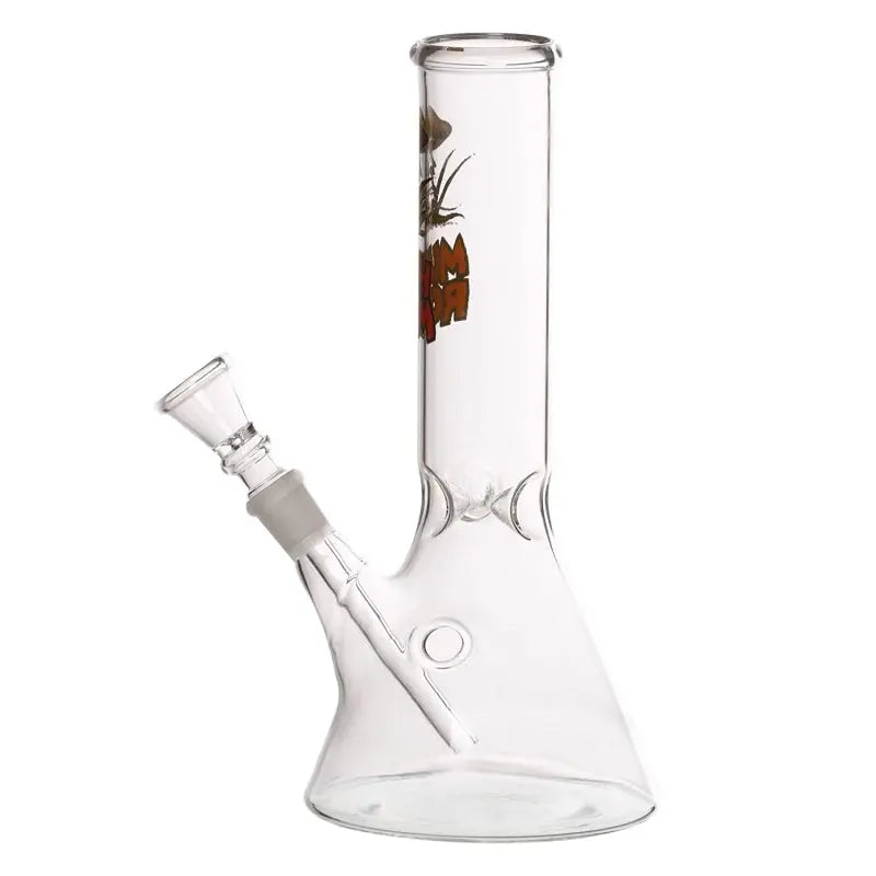 A 9 inch clear glass ice bong with mushroom print and a bulbous base, featuring a glass mouthpiece and a water chamber.