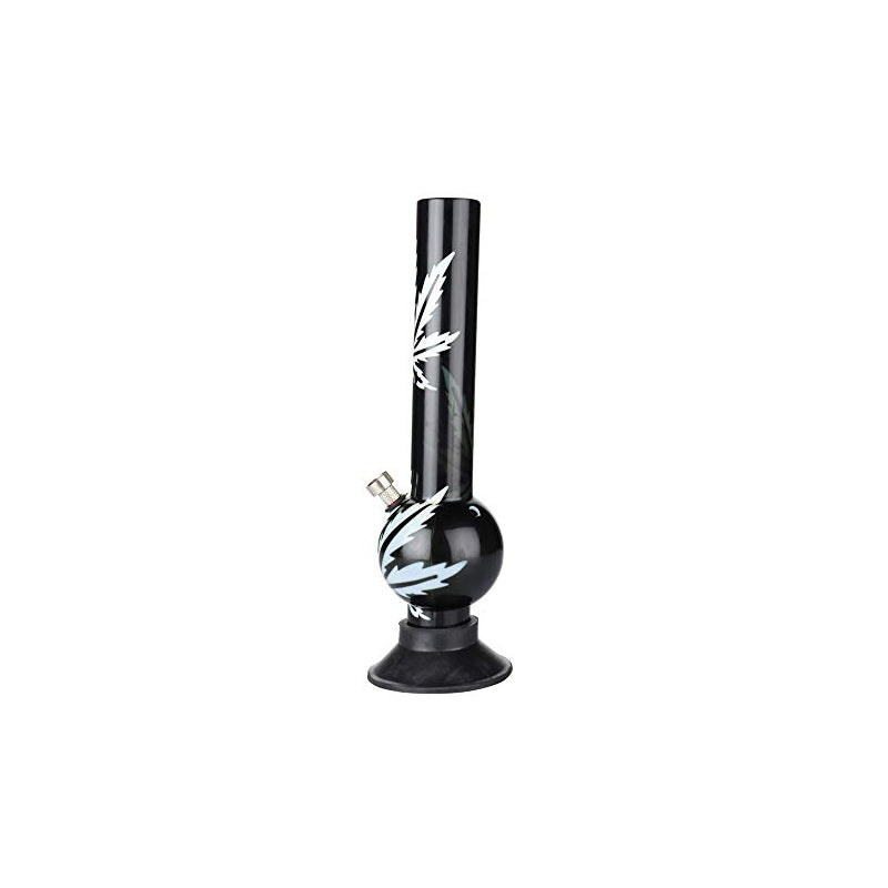 A 12 inch smoking bong with a opaque white leaf print on a black background, featuring a high gloss premium finish.