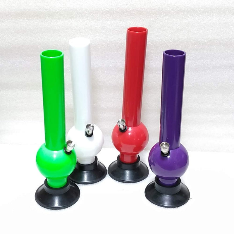 This image displays a collection of four Moksha bongs, each standing at 12 inches tall. These waterpipe smoking bongs are crafted from acrylic, mimicking the appearance of glass but offering enhanced durability and lightweight qualities.