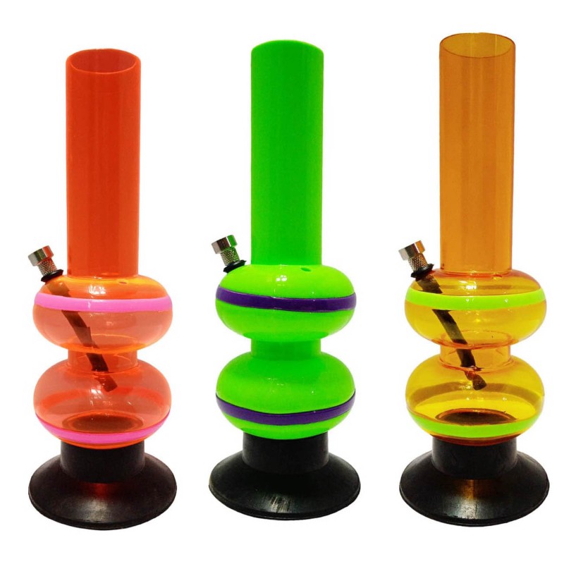 This image displays three Moksha 12" double bulb acrylic water bongs, each featuring a vibrant, neon color. From left to right, the bongs are colored orange, green, and yellow, providing a striking visual appeal.