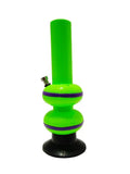 A 30cm tall green acrylic water bong with black base and purple accents, featuring a double bulb design.