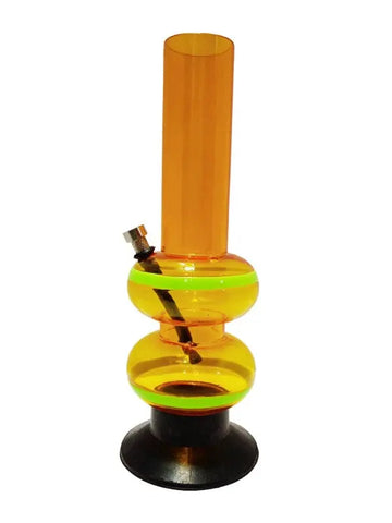 A transparent yellow acrylic water bong with a base and a double bulb design, standing upright.
