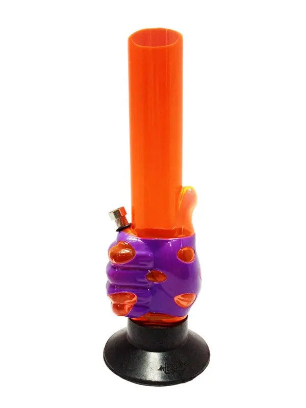 A transparent red acrylic water bong with a decorative purple base and black accents.