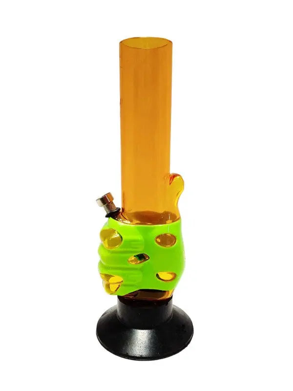 A transparent yellow acrylic water bong with green accents and black base, standing approximately 30cm tall.