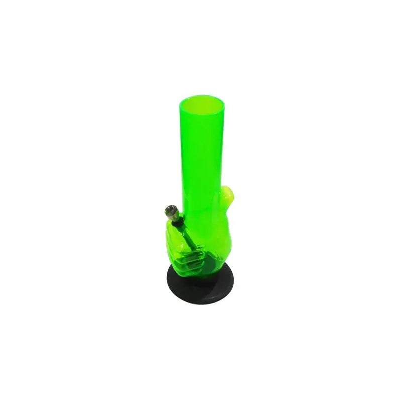 A 12 inch tall transparent green acrylic water bong with a black base and fittings.