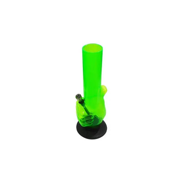 A 12 inch tall transparent green acrylic water bong with a black base and fittings.