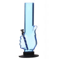 A 12 inch tall transparent sky blue acrylic water bong in the shape of a thumbs up gesture.