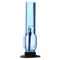 A 12 inch tall transparent sky blue acrylic water bong with a black base and a thumbs up design on the bowl.