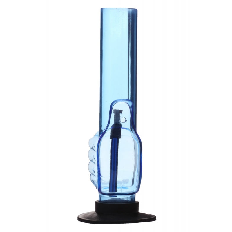 A 12 inch tall transparent sky blue acrylic water bong with a black base and a thumbs up design on the bowl.