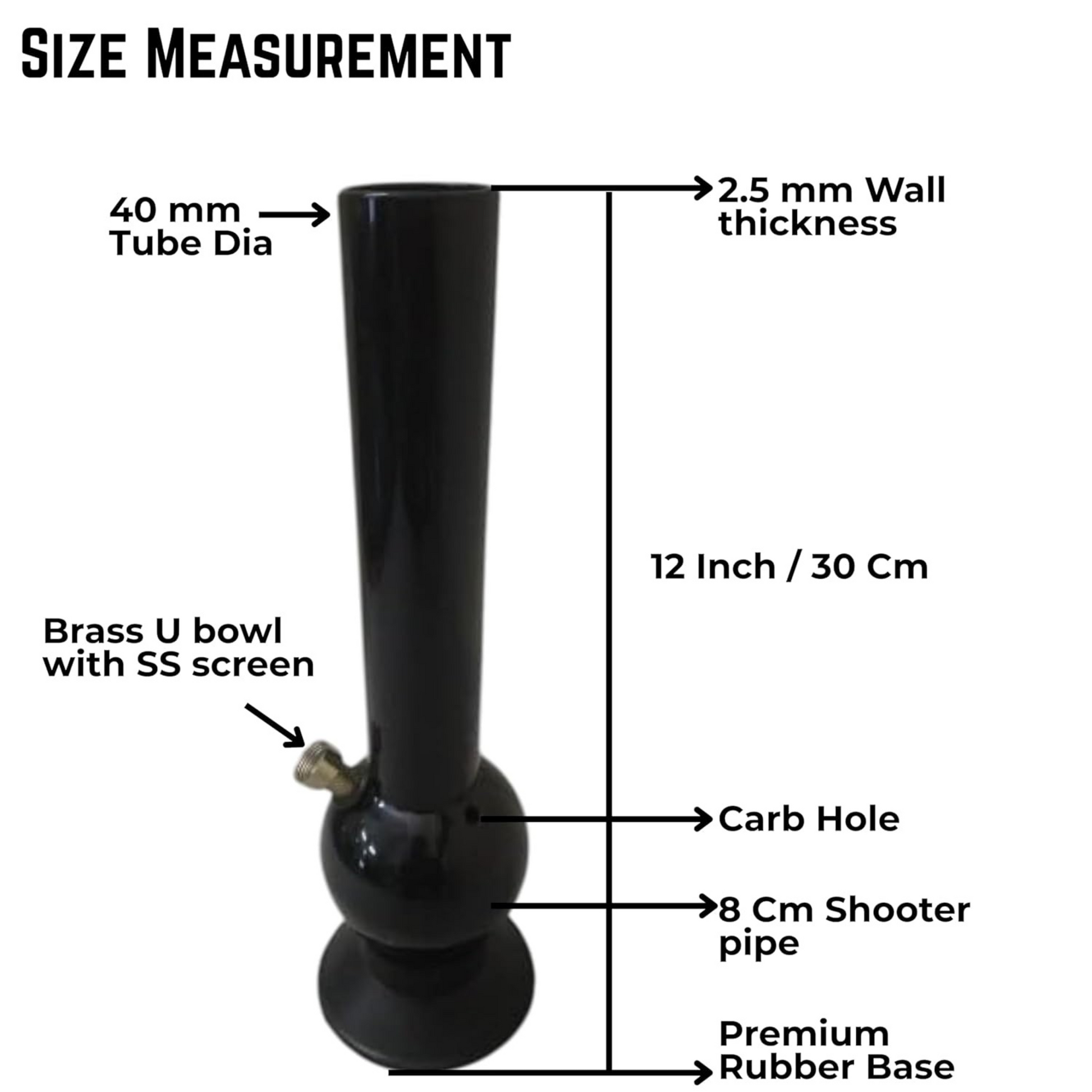 Black bong with size measurement details on a white background